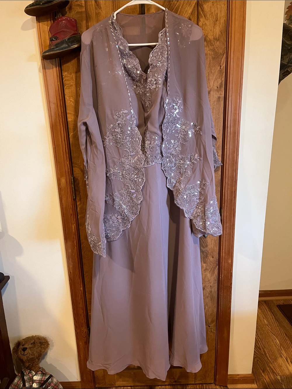 NWOT Elegant Mauve Embellished Women’s Dress with Beaded Overlay